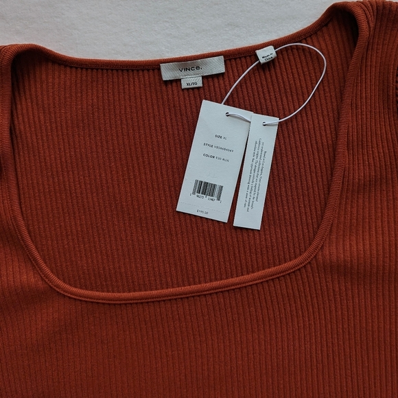Vince Mini Dress Long Sleeve Rib Knit Square Neckline Fitted Rust Amber XL NWT - Picture 12 of 13